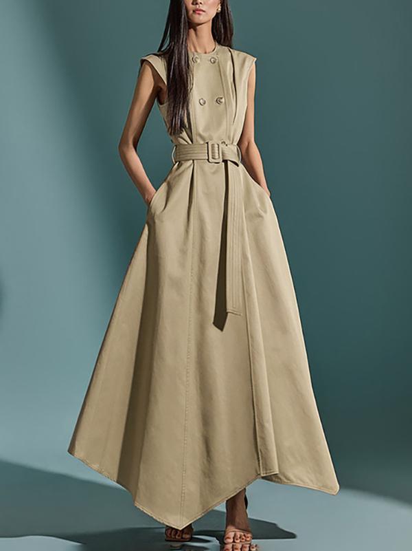 A-Line High Waisted Belted Buttoned Pockets Solid Color Round-Neck Maxi Dresses Product Image