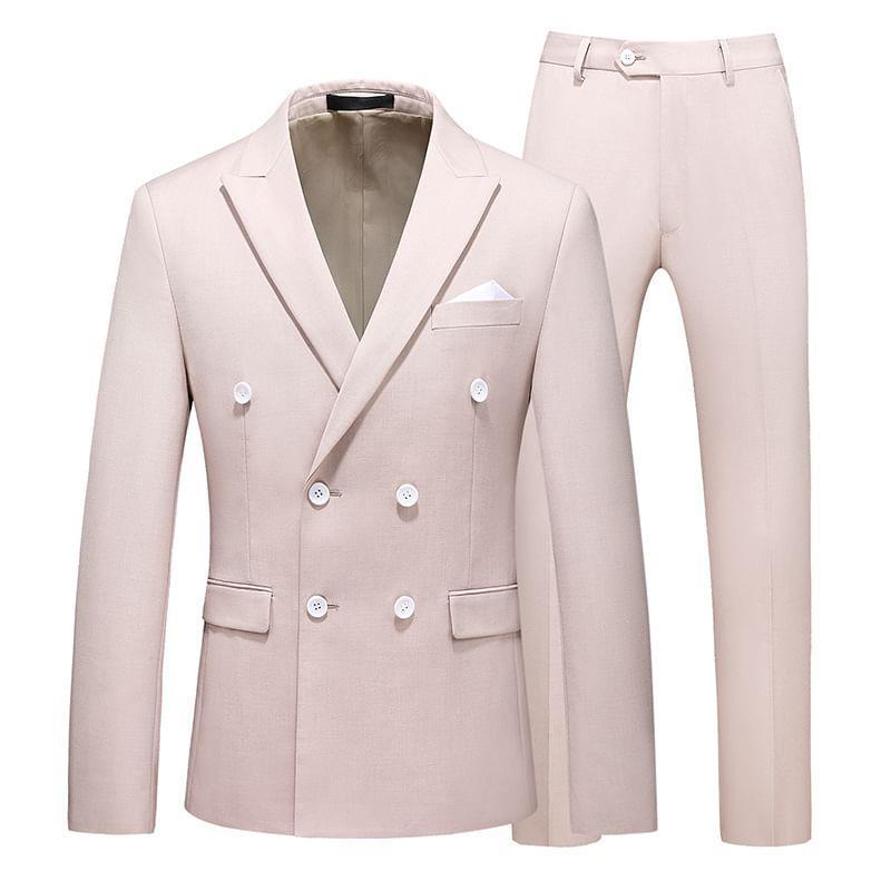 Set: Peak Lapel Plain Double-Breasted Blazer + Tapered Dress Pants Product Image