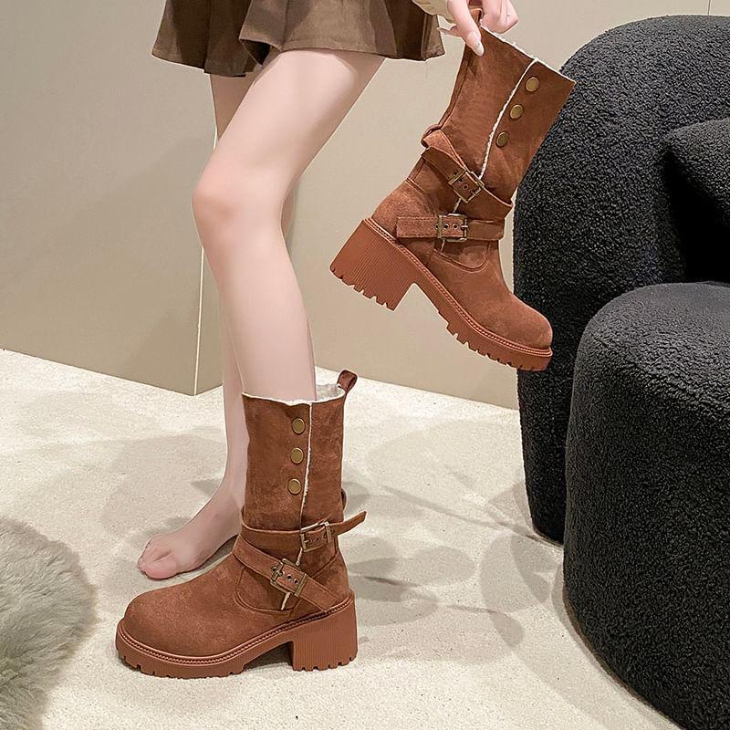 Faux Leather Buckled Platform Mid Calf Boots Product Image