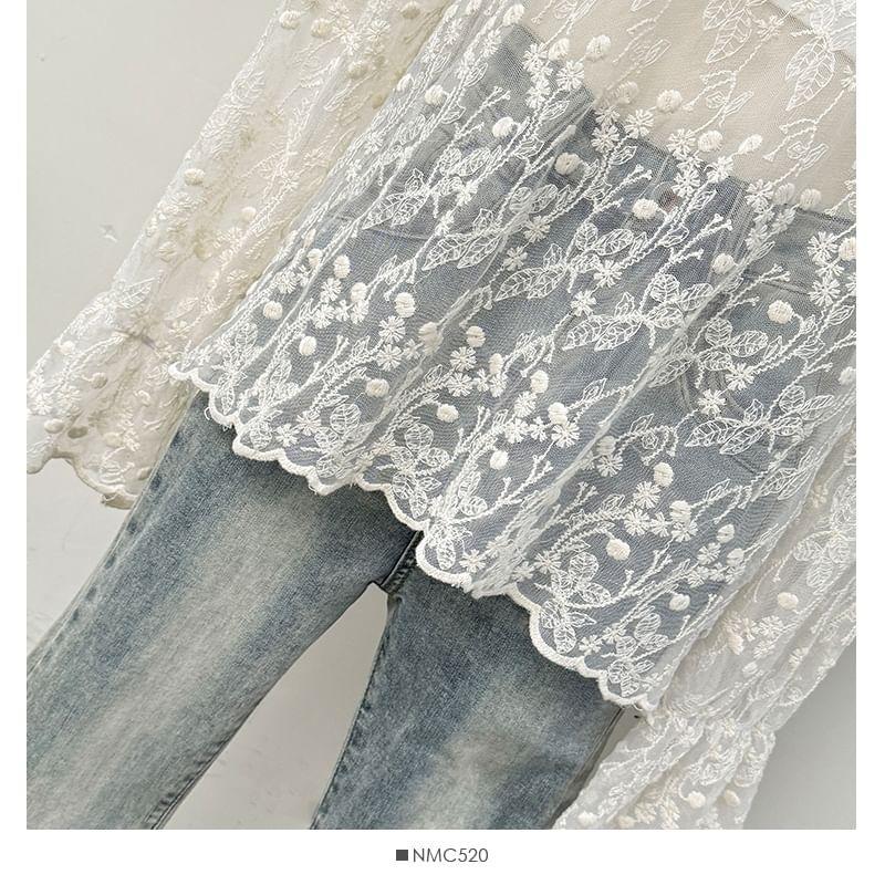 Stand-Collar Embroidery Sheer Lace Top Product Image