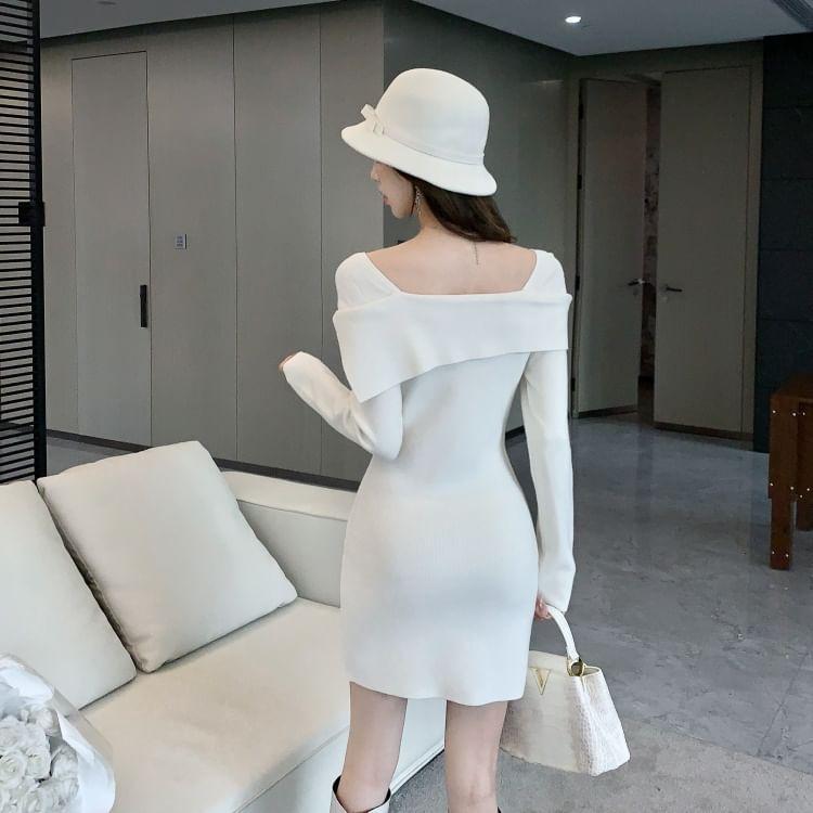 Long-Sleeve Square Neck Plain Mini Sheath Knit Dress Product Image