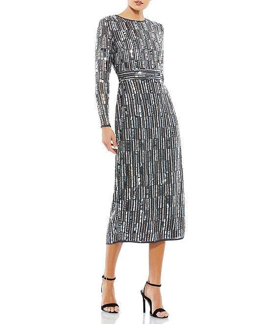 Mac Duggal Round Neck Long Sleeve Pailette Sequin Midi Dress Product Image