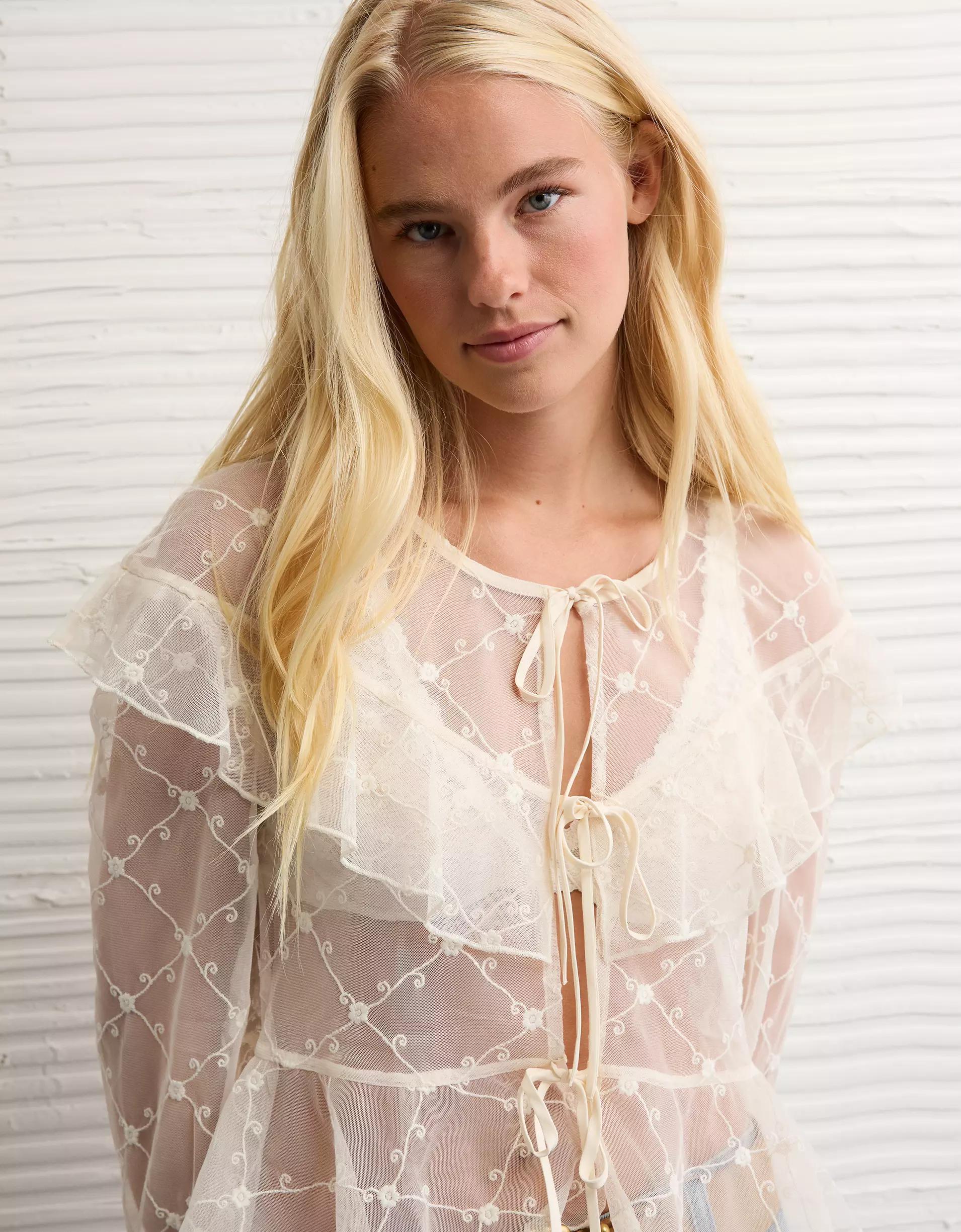 AE Embroidered Tie-Front Mesh Blouse Product Image
