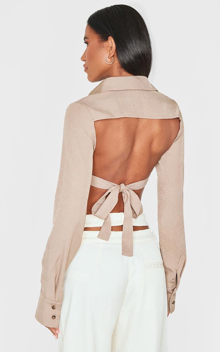 Mocha Premium Woven Tie Backless Cropped Shirt Product Image