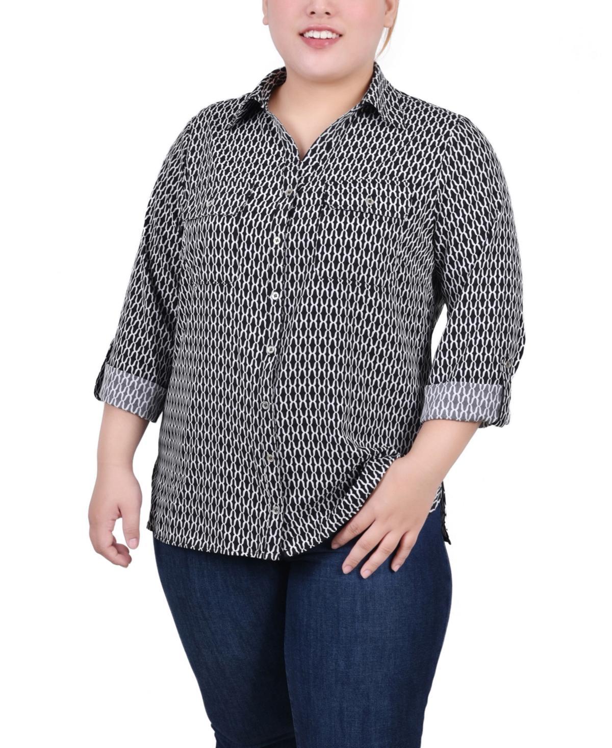 Ny Collection Plus Size 3/4 Sleeve Roll Tab Notch Collar Blouse Product Image