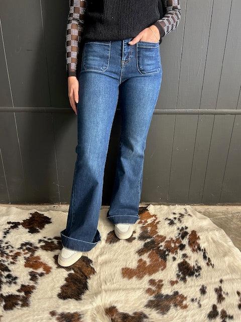 High Rise Flare Front Patch Pocket Dark Wash Jeans Product Image