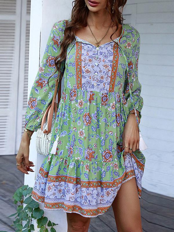 A-Line Loose Buttoned Contrast Color Flower Print Pleated V-Neck Mini Dresses Product Image