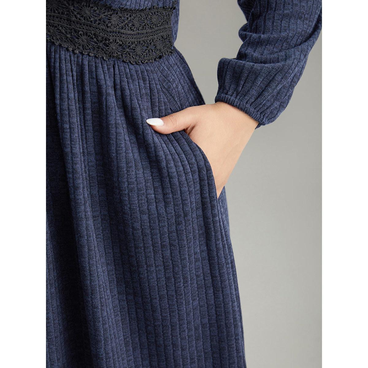 Plus Size Rib Knit Lace Panel Contrast Pocket Dress DarkBlue Women Casual Elastic cuffs V-neck Long Sleeve Curvy Midi Dress BloomChic 30/6X Product Image