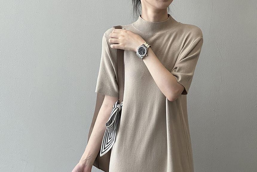 Short-Sleeve Mock Neck Plain Midi Knit Dress Product Image