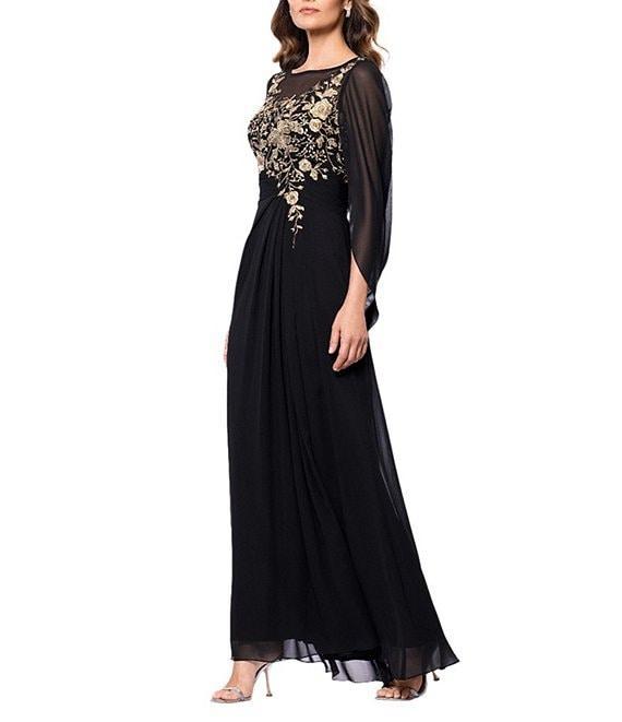 Betsy & Adam Chiffon Boat Neck 3/4 Sleeve Back Cape Sheath Dress Product Image