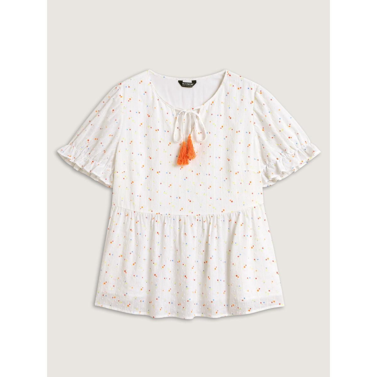 Plus Size Beige Cotton Colorful Embroidered Tassels Solid Blouse Women Short sleeve V-neck Vacation Blouses BloomChic 12/L Product Image