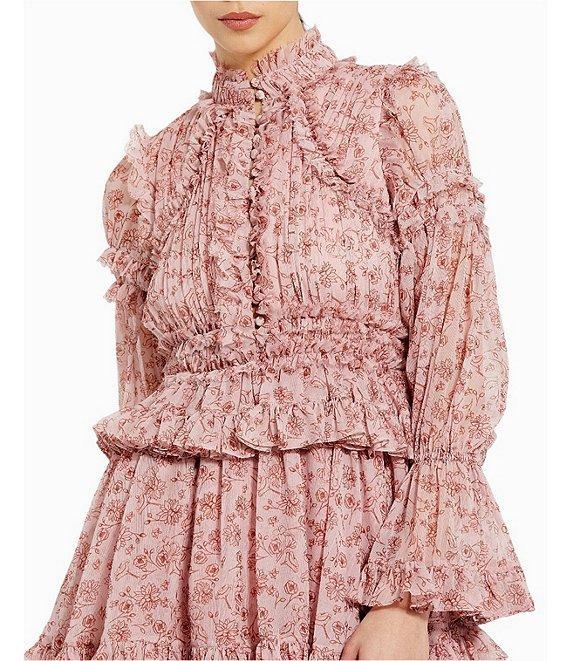 Mac Duggal Floral Print Chiffon Mock Neck Long Flare Sleeve Button Front Ruffle Tiered Mini Dress Product Image