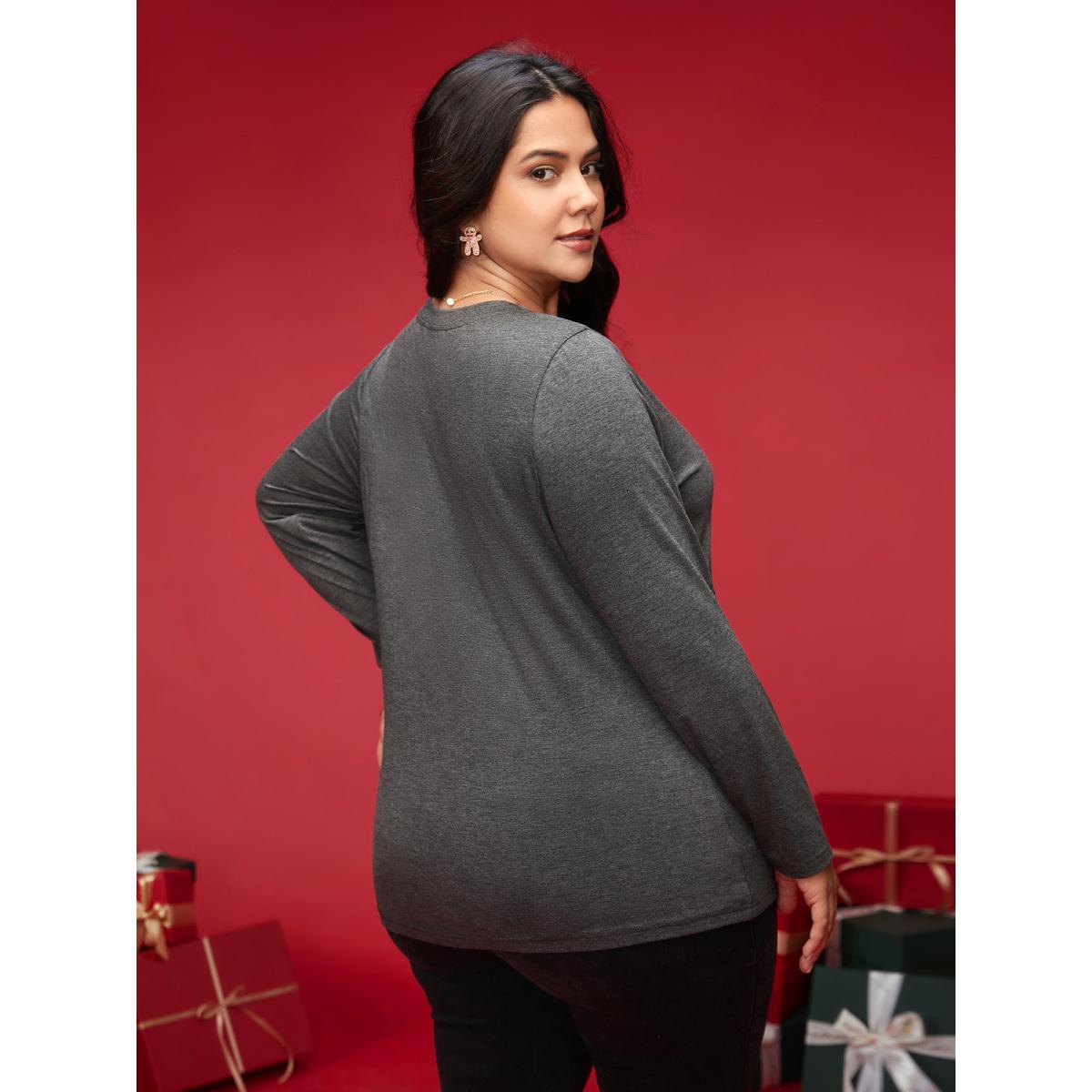 Plus Size Festive Cat And Tree Printed Slim-Fit Tee DimGray Women Casual Non Christmas Round Neck Everyday T-shirts BloomChic 14-16/1X Product Image