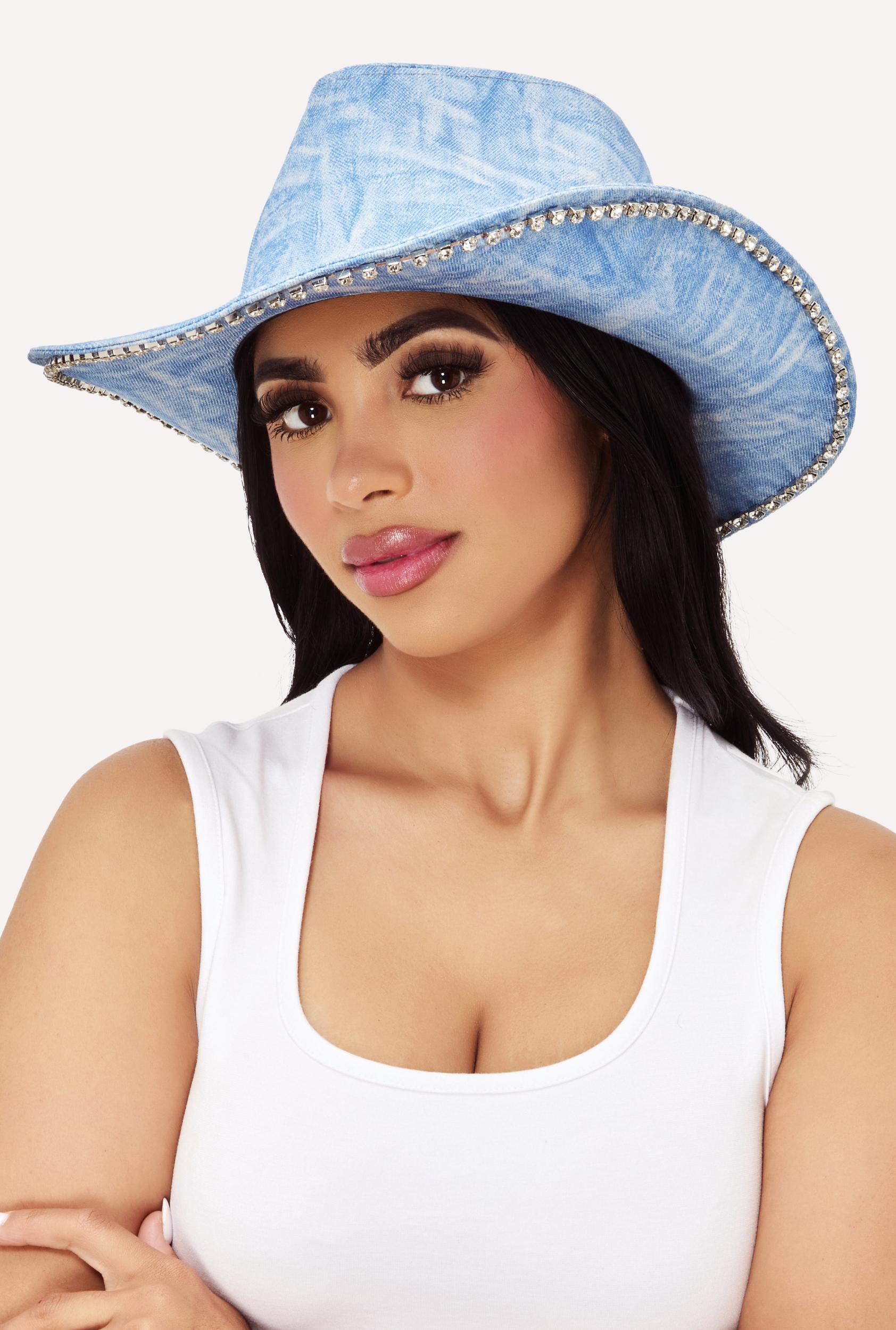 Rhinestone Trim Denim Print Cowboy Hat Female Product Image