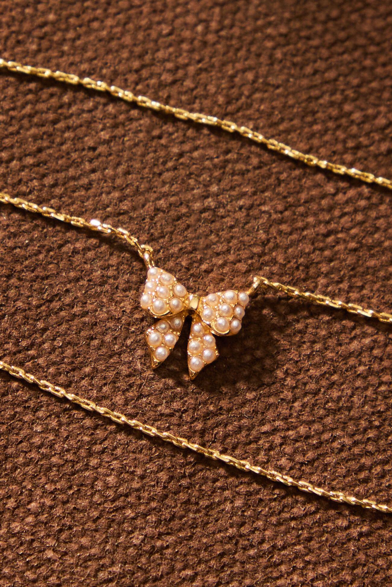 18K Gold Mini Pearl Bow Necklace Product Image