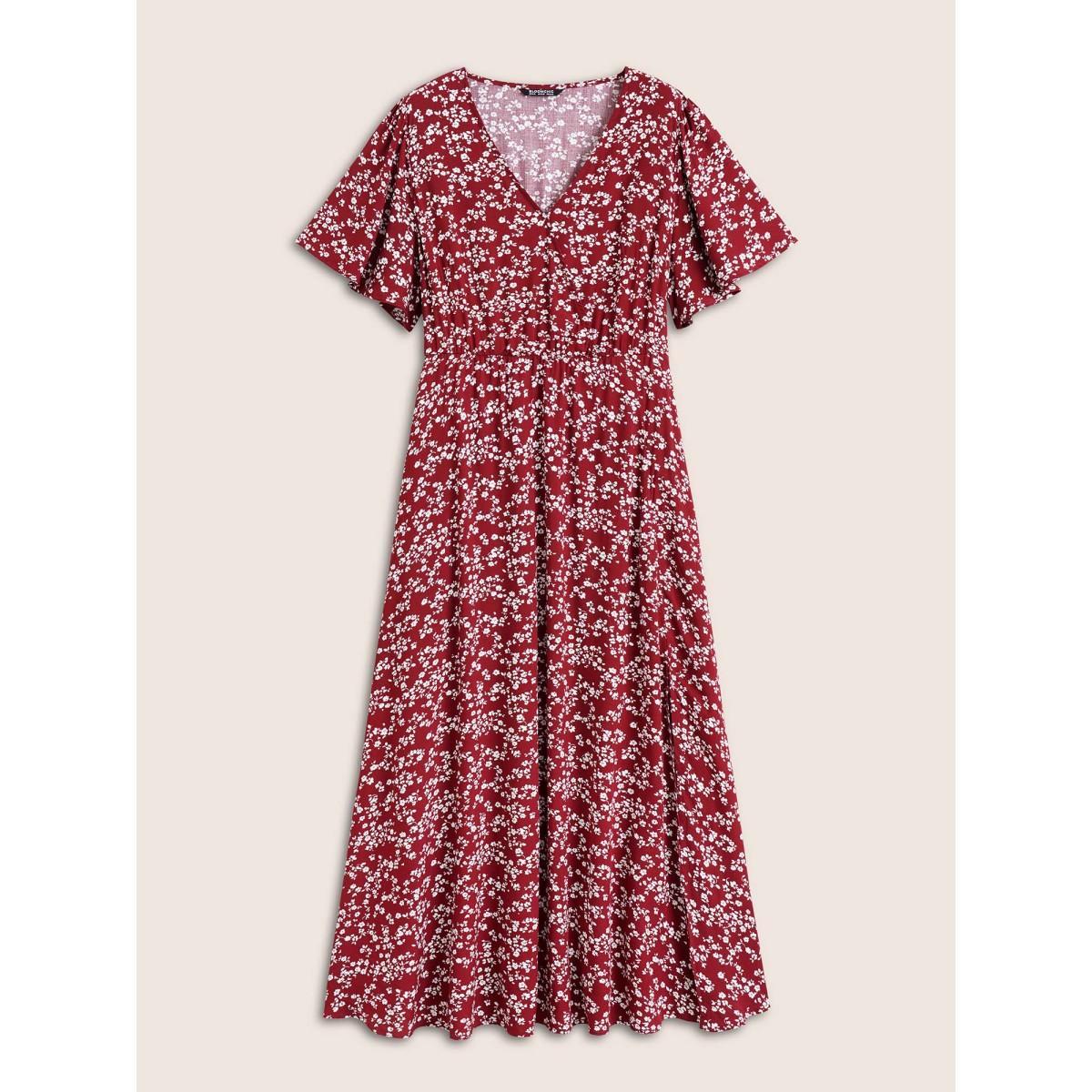 Plus Size Bloom Dress - Flutter Sleeve Ditsy Floral Pocket Split Maxi Dress LightGreen Women Romantic Slit V-neck Half Sleeve Curvy Long Dress BloomChic 10/M Product Image