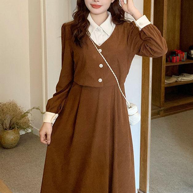 Mock Two-Piece Long-Sleeve Collar Two Tone Button Corduroy Midi A-Line Dress Product Image