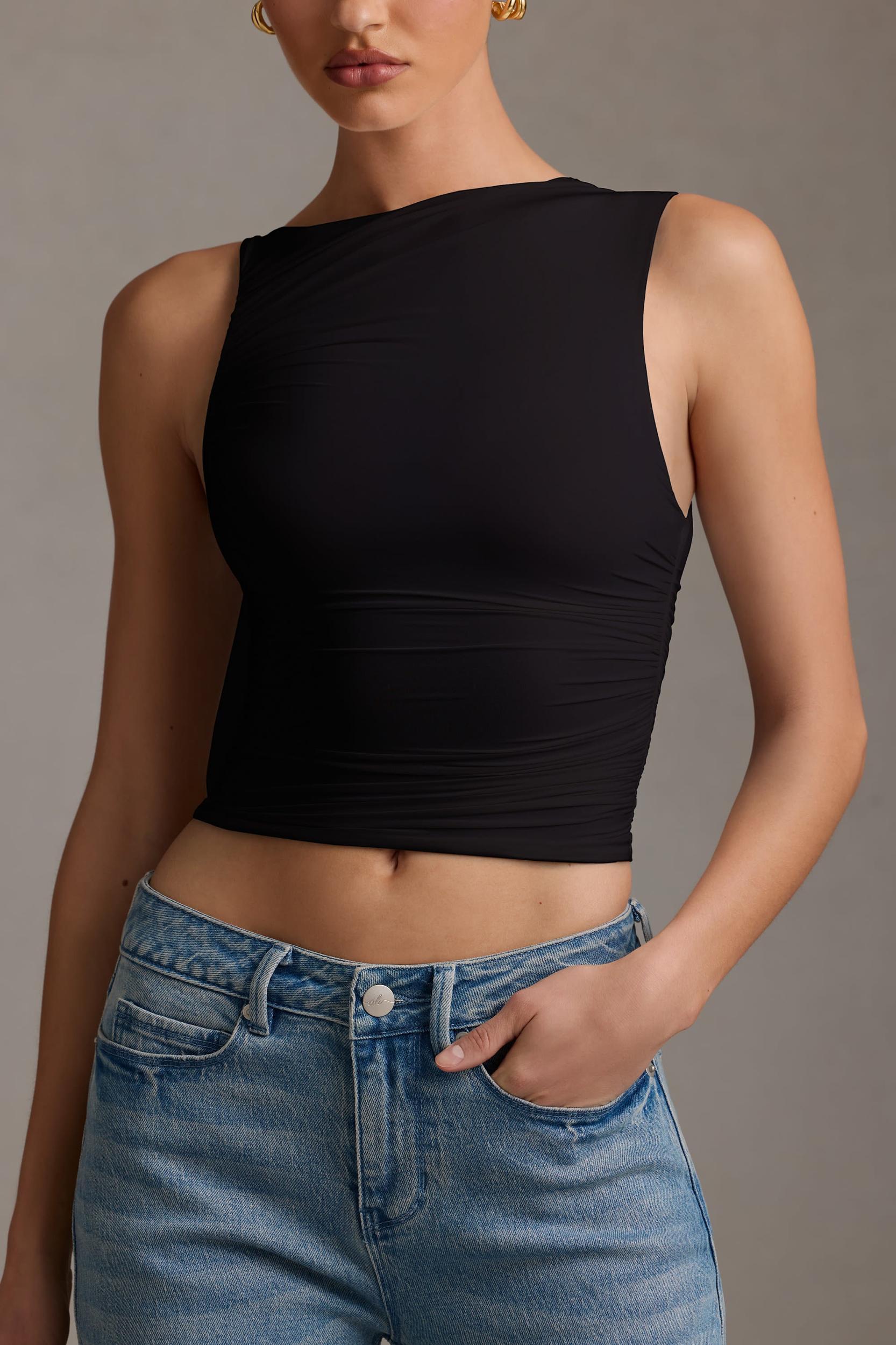 Asymmetric Ruched Tank Top in Black Product Image
