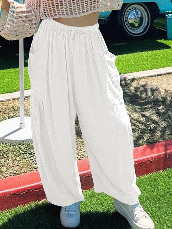 High Waisted Loose Drawstring Elasticity Pleated Pockets Solid Color Ninth Pants Trousers Product Image