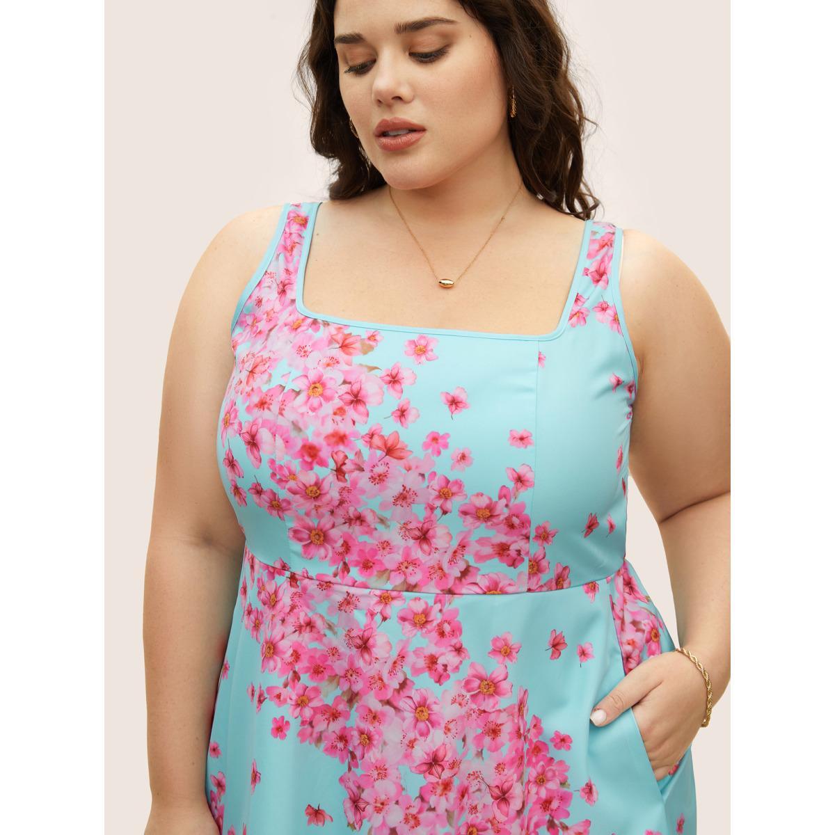 Plus Size Boho Print Square Neck Elastic Waist Dress Skyblue Women Elegant Square Neck Sleeveless Curvy BloomChic 14-16/1X Product Image
