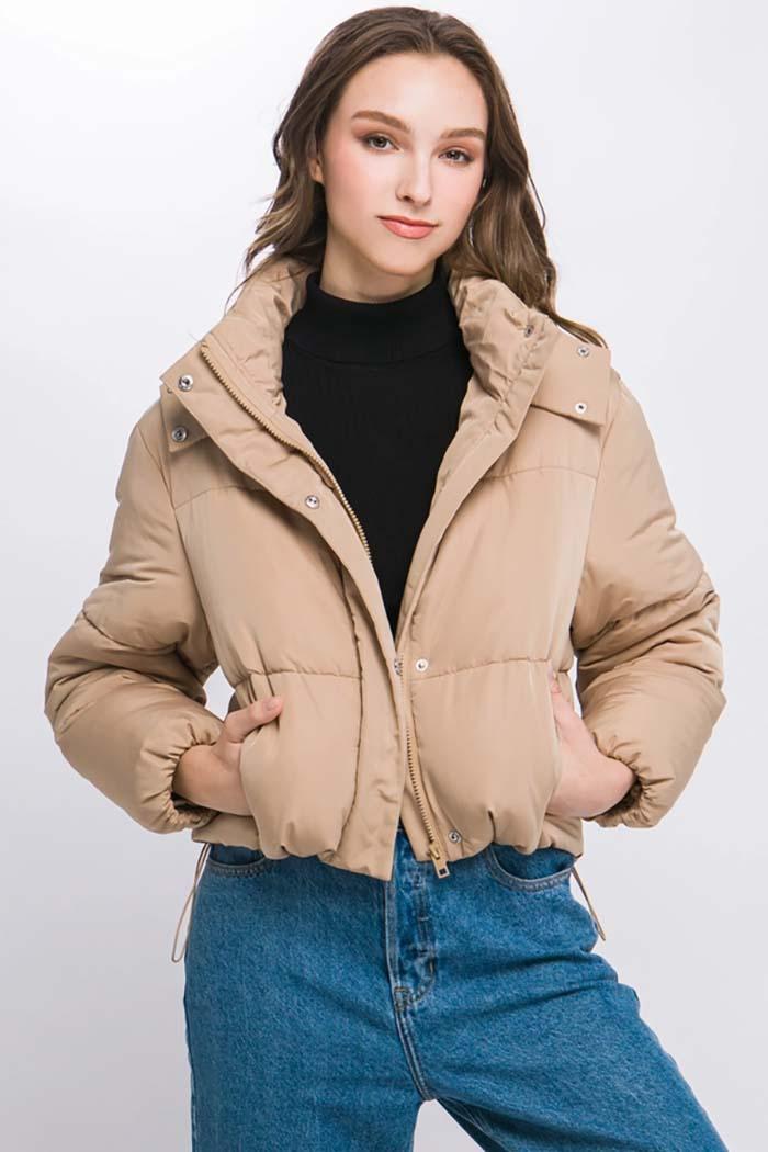 Hooded Puffer Jacket Snap Closure Product Image