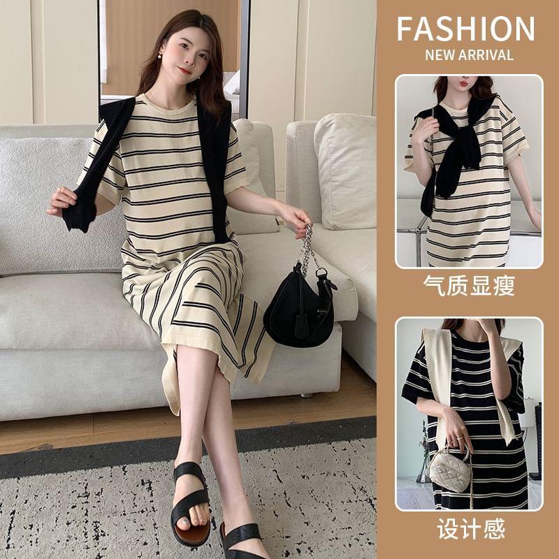 Maternity Set: Short-Sleeve Crew Neck Striped Midi T-Shirt Dress + Shawl (Various Designs) Product Image