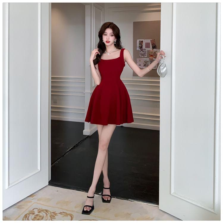 Sleeveless Square Neck Plain Mini A-Line Dress Product Image