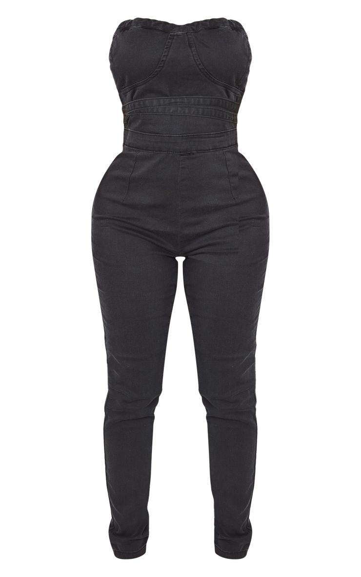 Shape Charcoal Acid Wash Cup Detail Tie Back Denim Jumpsuit Product Image