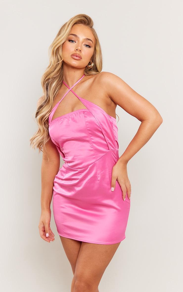 Hot Pink Satin Cross Neck Detail Bodycon Dress Product Image