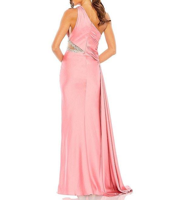 Mac Duggal Embellished Mesh Inset Satin Ruched One Shoulder Sleeveless Draped Gown Product Image