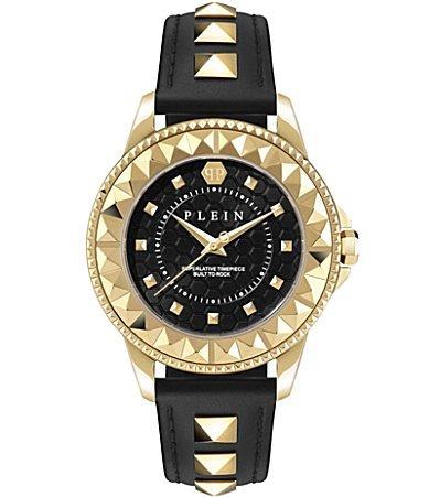 Philipp Plein Womens Lady Rock Gold-Tone Studded Black Leather Strap Watch 38mm Product Image