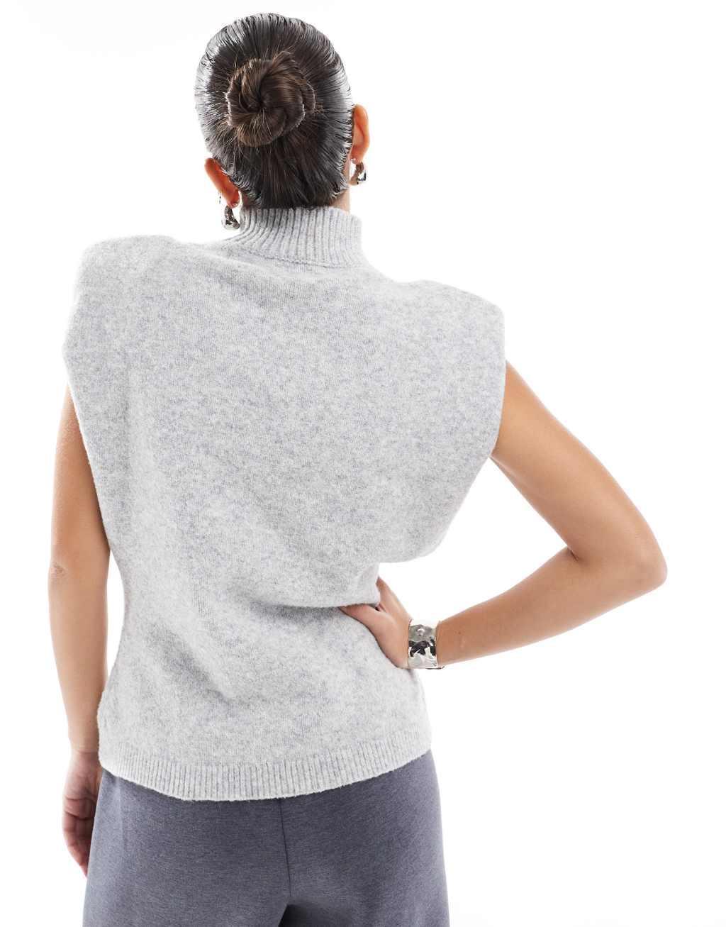 ASOS DESIGN knitted high neck tank with shoulder pad and waisted detail in gray Product Image