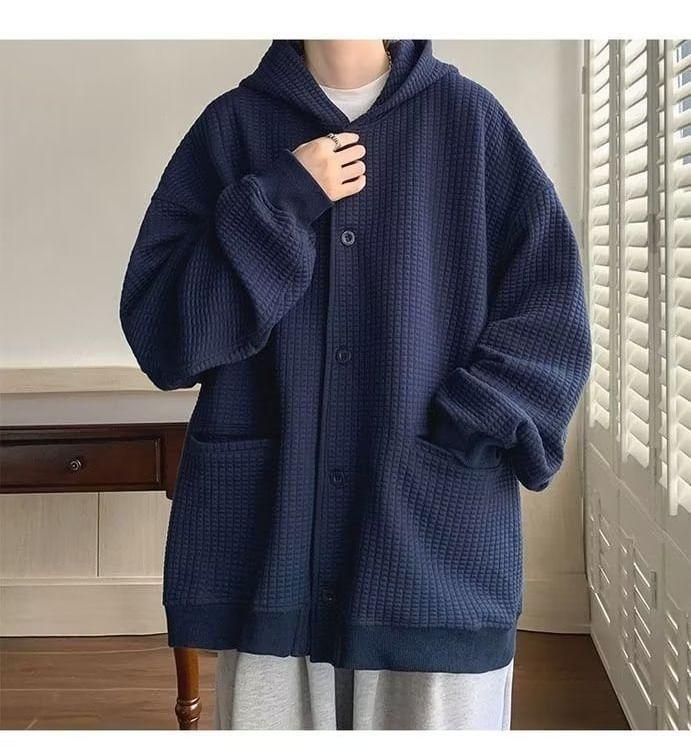 Plain Hooded Ribbed Button Jacket Product Image