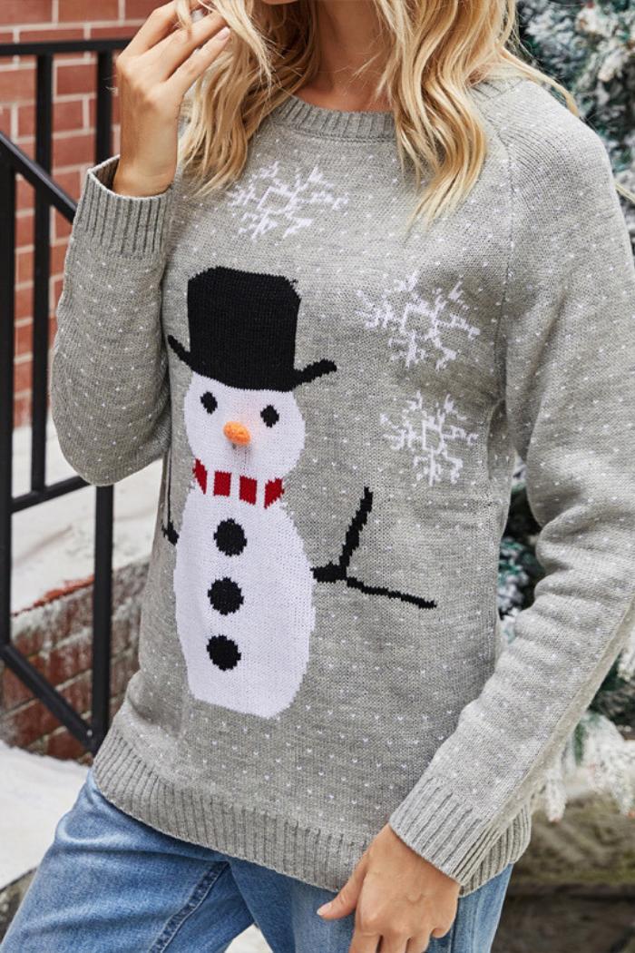 Snowman Christmas Snowflake Crewneck Pullover Knit Sweater Product Image