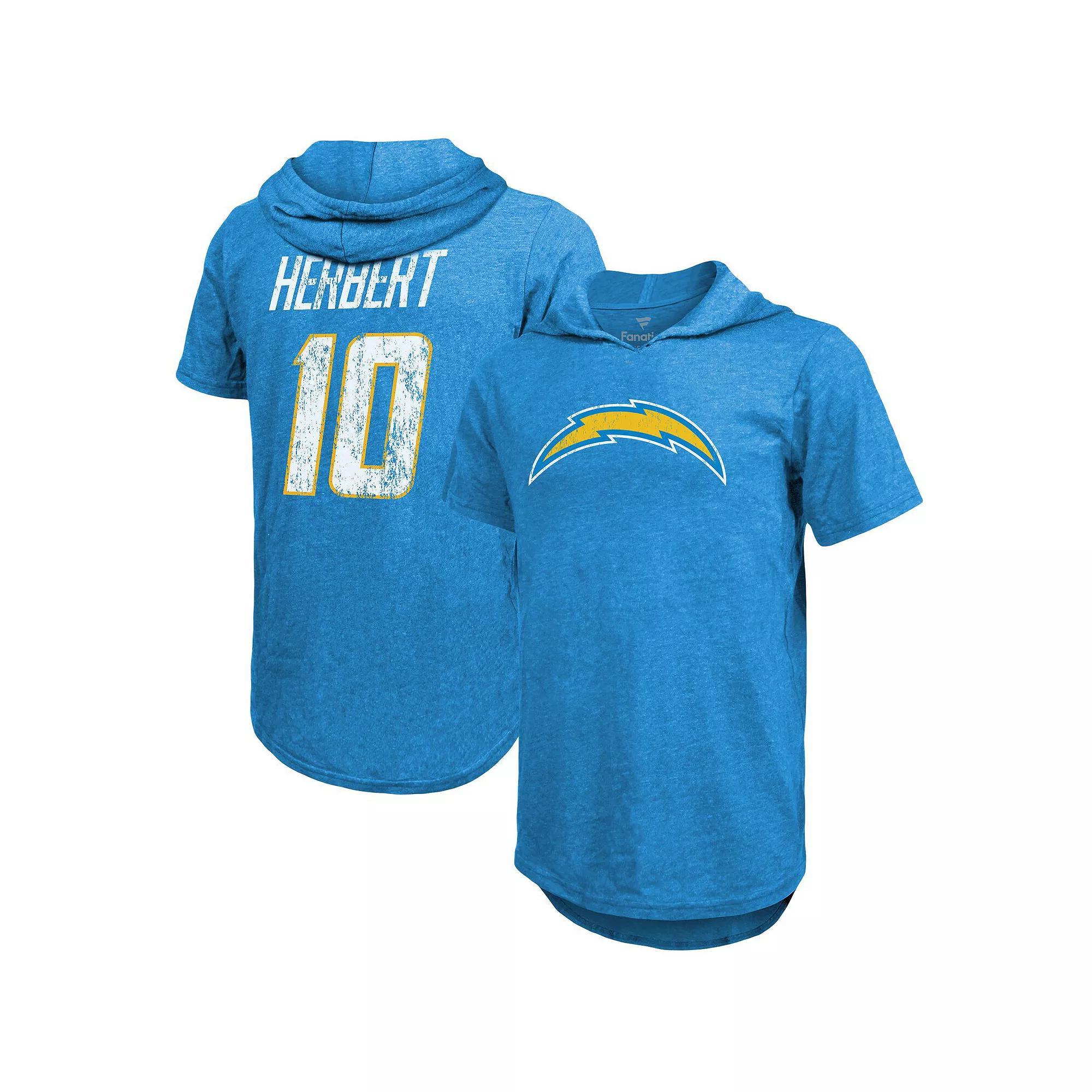 Men's Fanatics Branded Justin Herbert Powder Blue Los Angeles Chargers Player Name & Number Tri-Blend Hoodie T-Shirt, Size: Large, Light Product Image