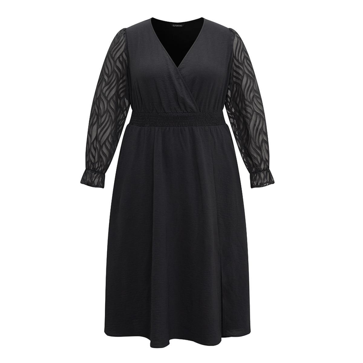 Plus Size Graphic Mesh Patchwork Pocket Split Side Dress Black Women Elegant Wrap Overlap Collar Long Sleeve Curvy Midi Dress BloomChic 14-16/1X Product Image
