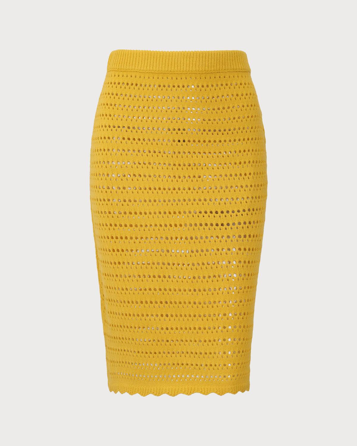 Yellow High-waisted Knee Length Knit Skirt Product Image