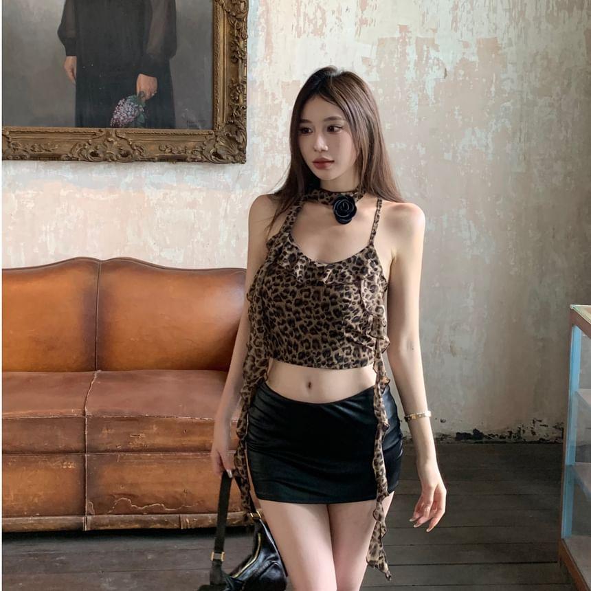 Leopard Print Ruffle Crop Camisole Top Product Image