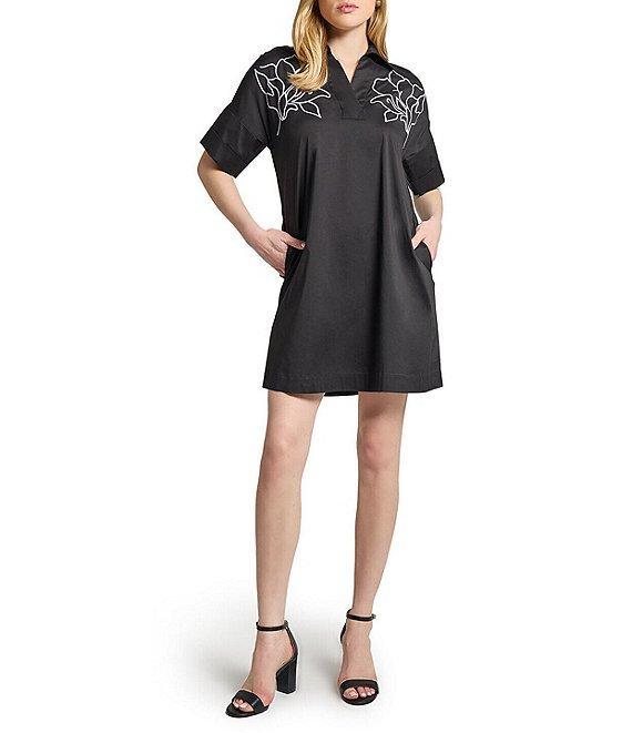Ming Wang Stretch Cotton Floral Embroidered Point Collar V-Neck Short Sleeve Dress Product Image
