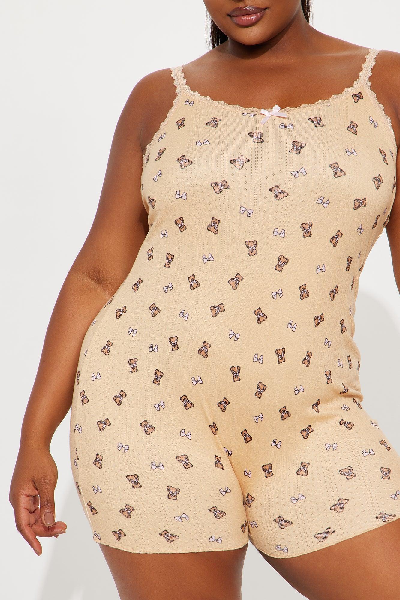 Cuddle Me Teddy Pointelle Cami PJ Romper Onesie - Brown Product Image