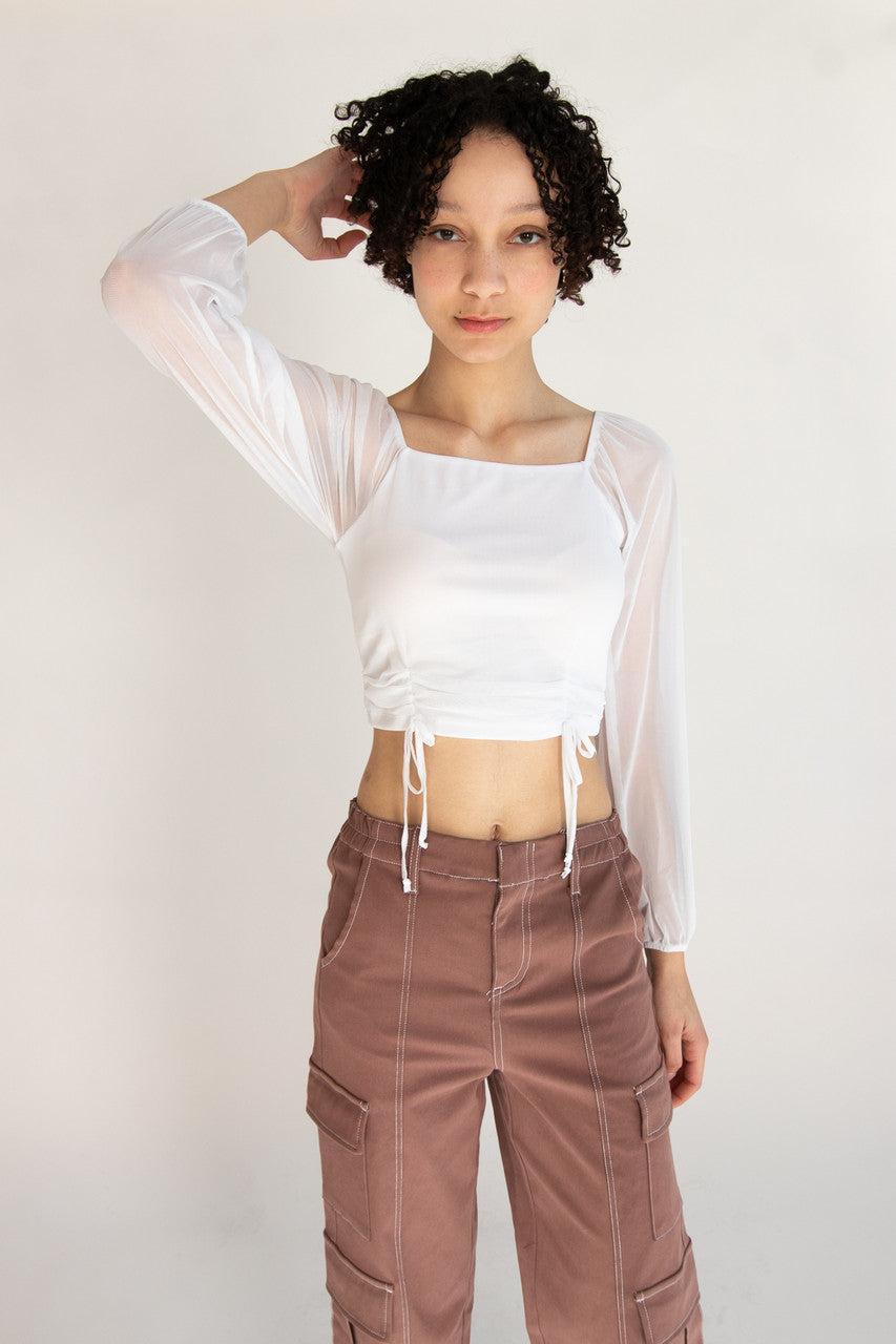 Mesh Ruched Front Long Sleeve Top Product Image