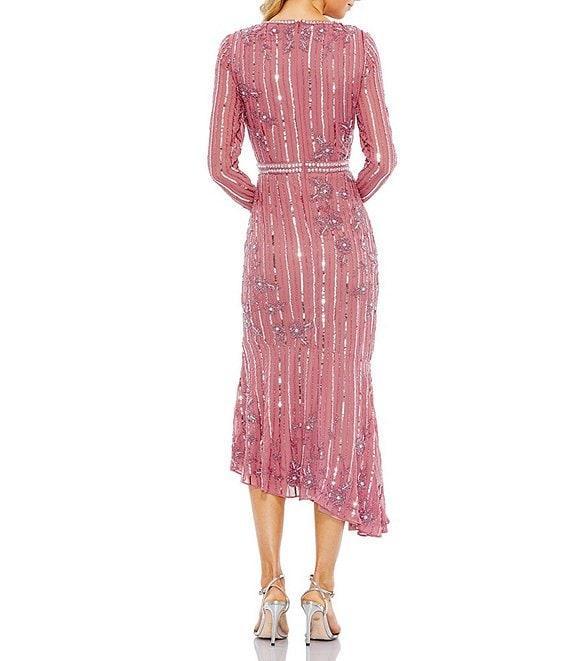 Mac Duggal Long Sleeve Beaded Sequin Flounce Asymmetrical Hem Dress Product Image