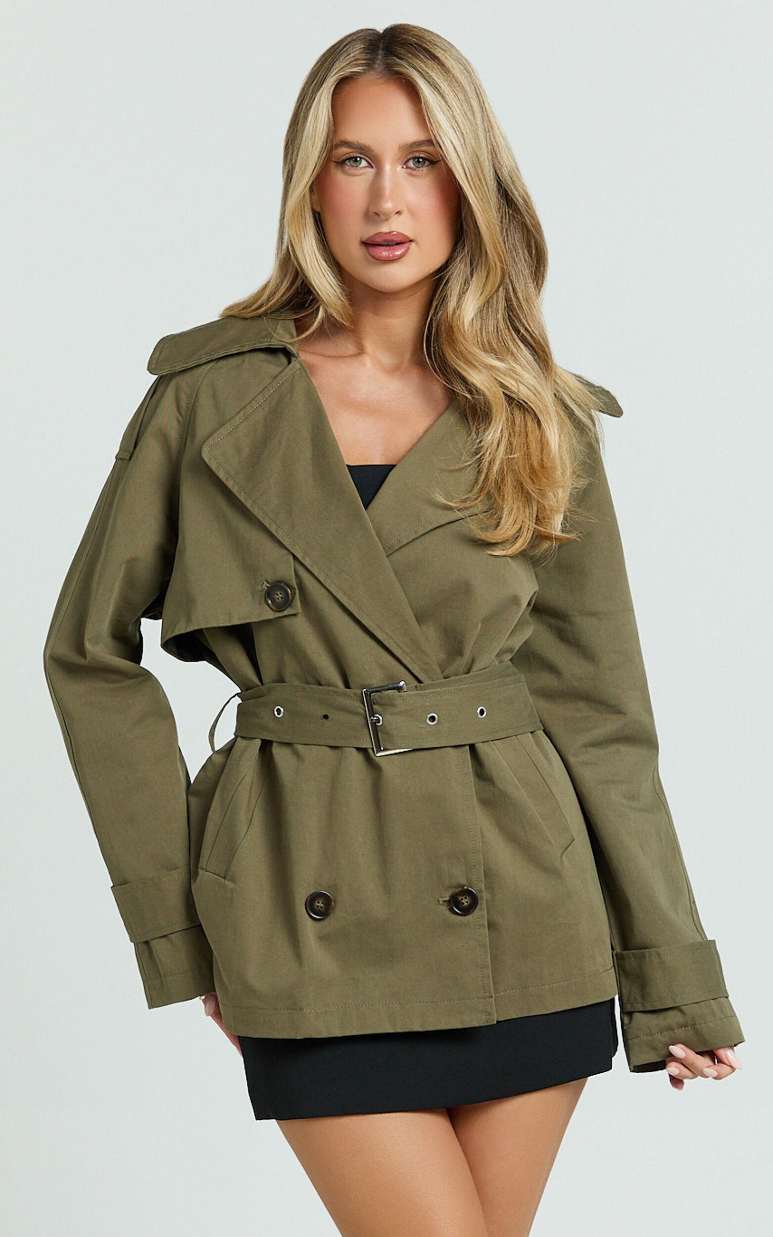 Vicky Jacket - Short Belted Trench Coat in Olive Product Image