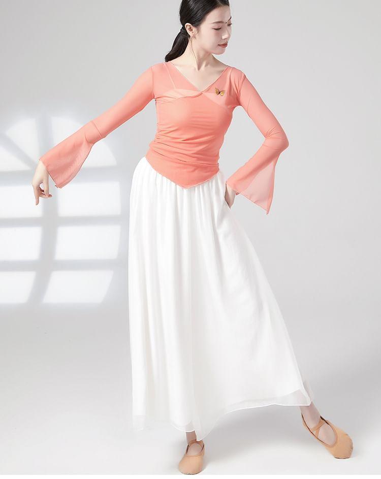 Flared-Sleeve Butterfly Embroidered Dance Top Product Image