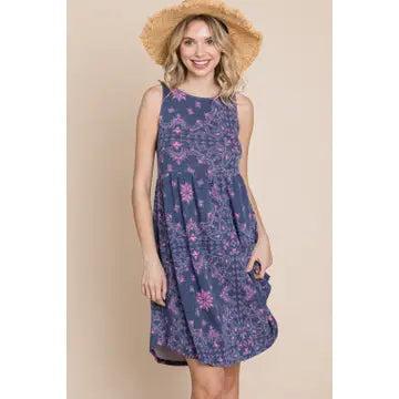 Blue and Pink Floral Paisley Babydoll Dress Product Image