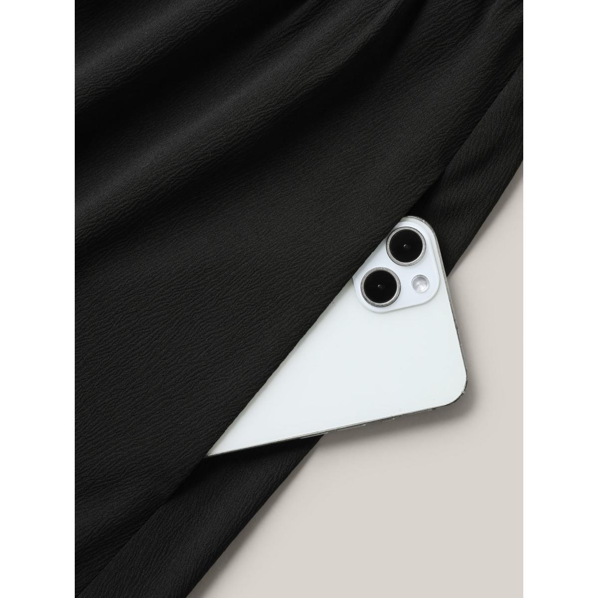 Plus Size Textured Stretchy Waist Pockets Midi Dress Black Women Resort Woven ribbon&lace trim Heart neckline Short sleeve Curvy BloomChic 10/M Product Image