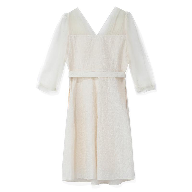 White Mesh Half-Sleeve V-Neck Jacquard Midi Dress Product Image