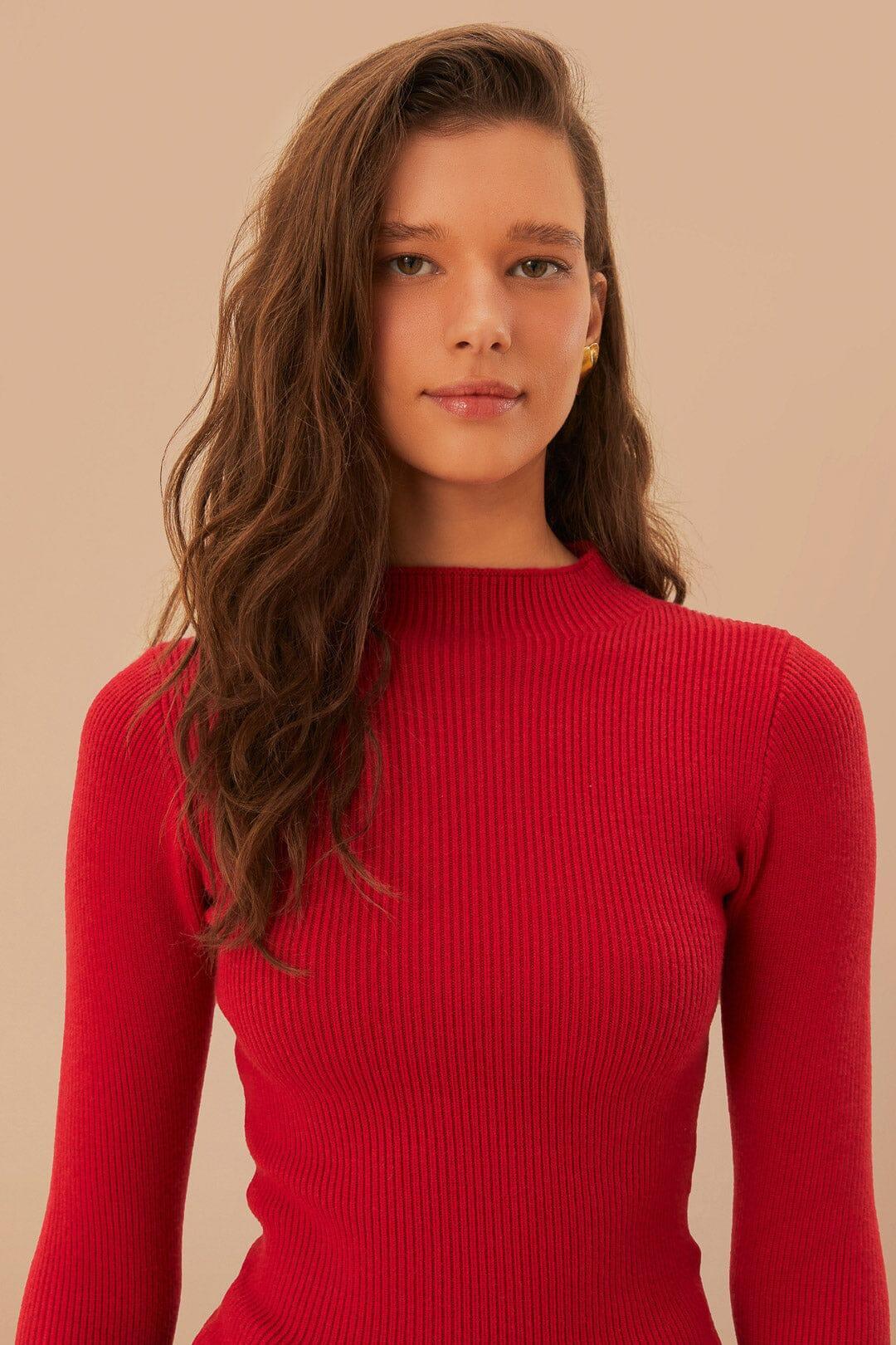 High Neck Burgundy Knit Blouse, BURGUNDY / L Product Image