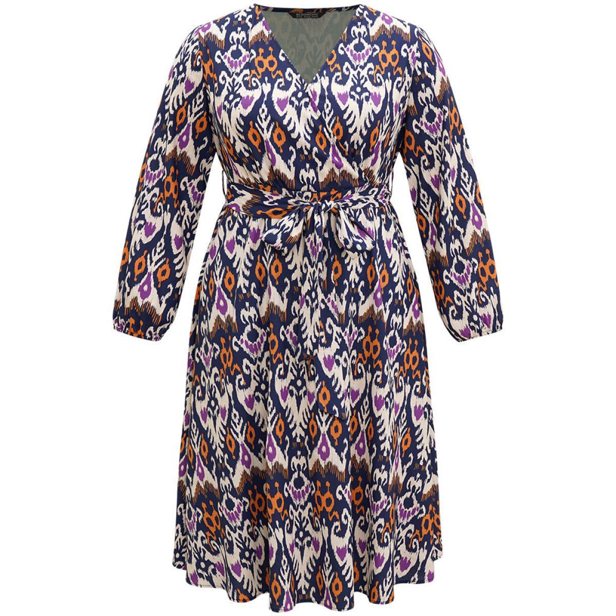 Plus Size Boho Print Overlap Collar Elastic Waist Belted Dress DarkBlue Women Resort Elastic cuffs Overlap Collar Long Sleeve Curvy Midi Dress BloomChic 26/4X Product Image