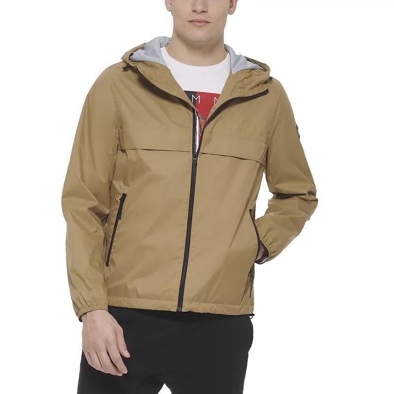 Men's Tommy Hilfiger Logo Patch Hooded Rain Jacket, Size: Medium, Black Red Combo Product Image